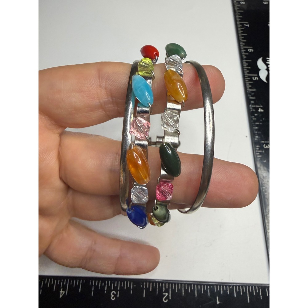 Multi Color Beaded Silver Tone Double Band Cuff Bracelet Boho Wire Wrapped